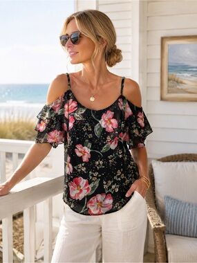 Cabi Floral Blouse Size L Black Pink Ruffle  coastal grandma